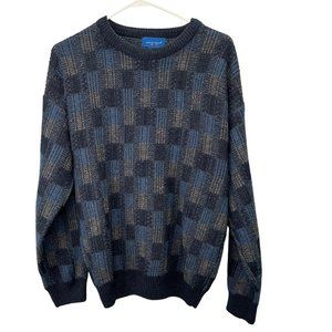 Vintage Towncraft Chunky Sweater M Blue Checkered Plaid 90s Slouchy Pullover